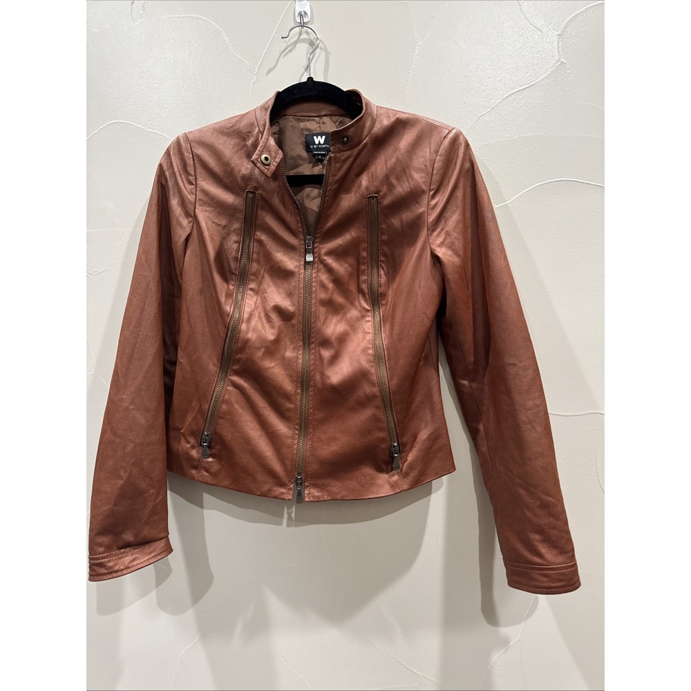 W by Worth Faux leather Buttery Soft jacket Rust Brown Lined Bomber Moto Size 2